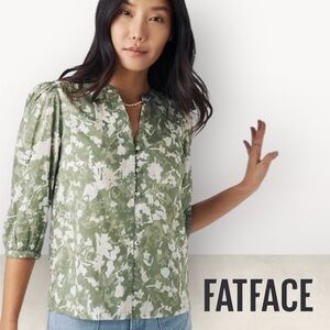FatFace Riley Foraged Floral Green V-Neck Women Blouse 3/4 Sleeve Sz 6 T834357